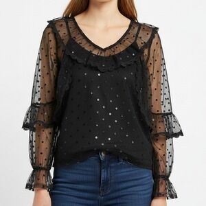 Vintage Babydoll Lace Ruffle Sheer Blouse Women Small Cropped Black Dot Coquette